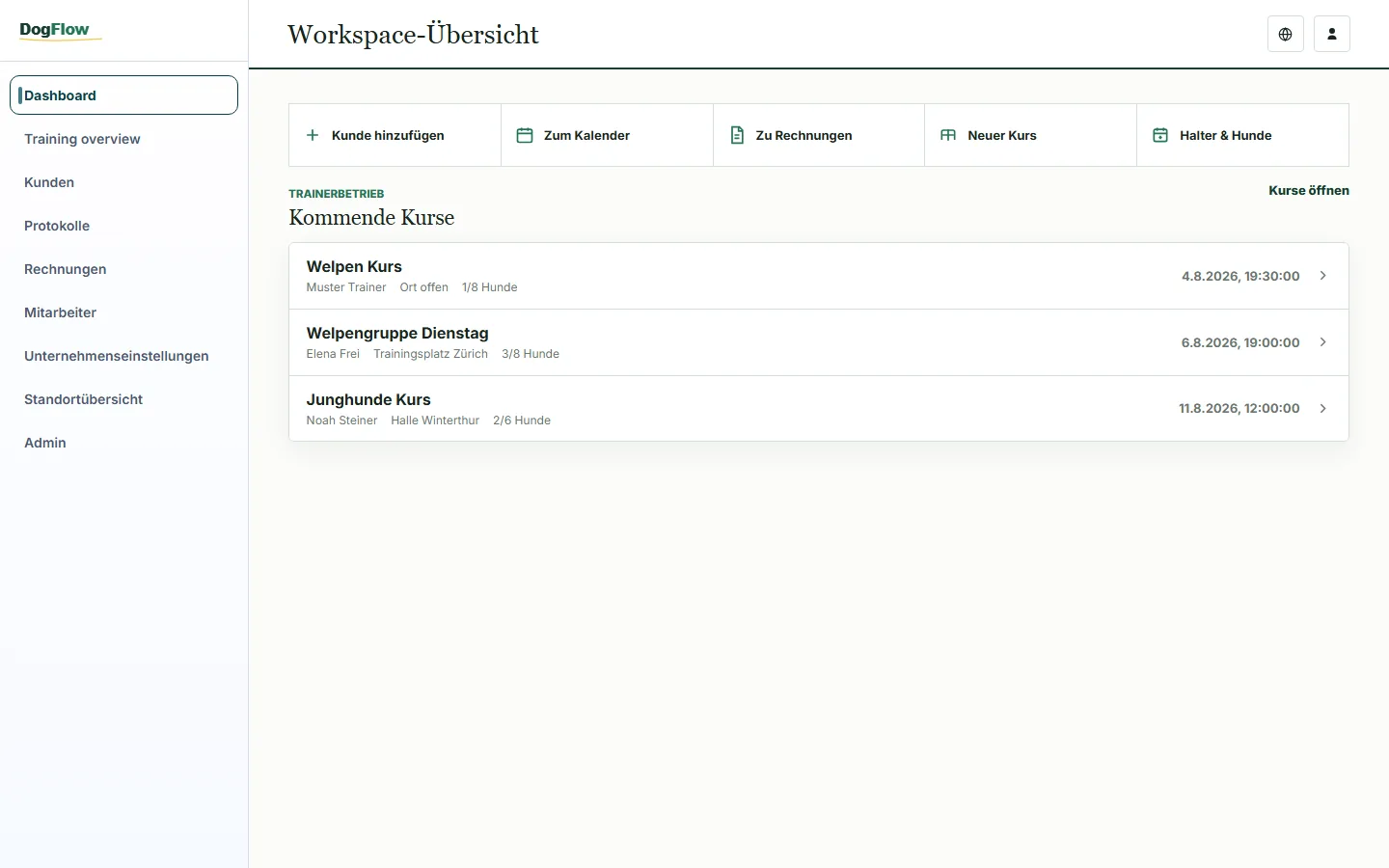 Dashboard di DogFlow con i prossimi corsi